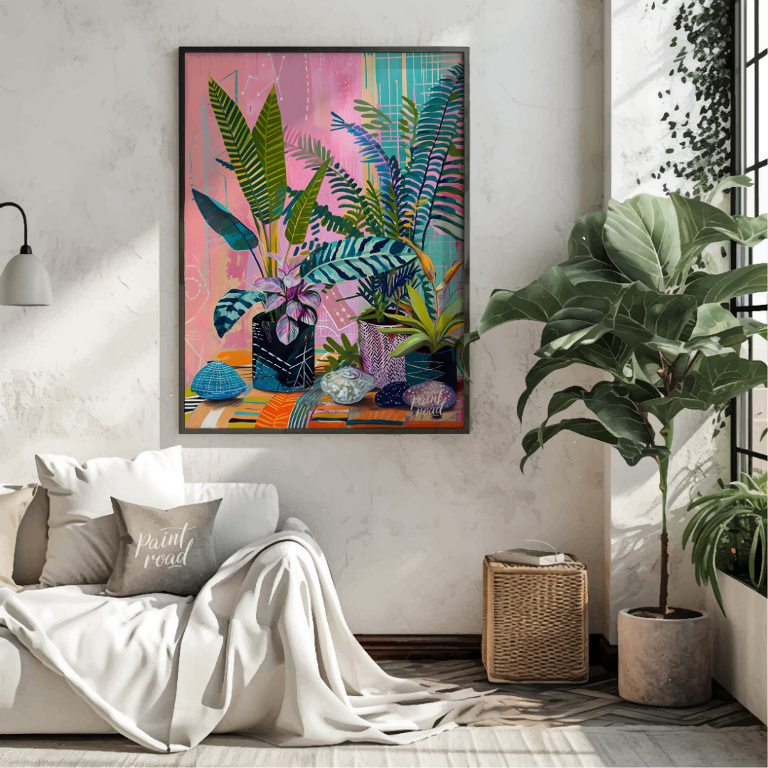 This beautiful painting bursts with vibrant color and playful patterns, showcasing a lush indoor ga… for living room