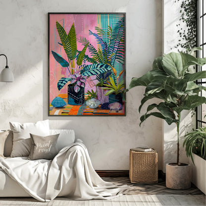 This beautiful painting bursts with vibrant color and playful patterns, showcasing a lush indoor ga… for living room