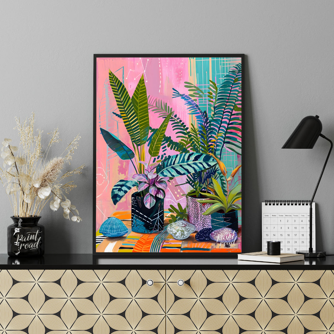 This beautiful painting bursts with vibrant color and playful patterns, showcasing a lush indoor ga… for office