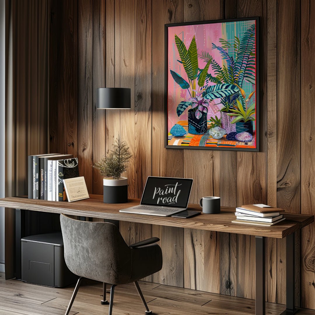 This beautiful painting bursts with vibrant color and playful patterns, showcasing a lush indoor ga… for office
