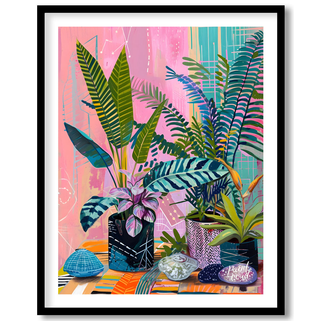 This beautiful painting bursts with vibrant color and playful patterns, showcasing a lush indoor ga… for sweet home