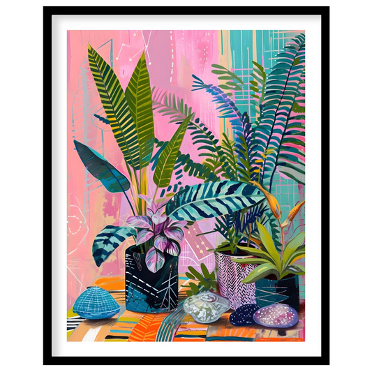 This beautiful painting bursts with vibrant color and playful patterns, showcasing a lush indoor ga… for sweet home
