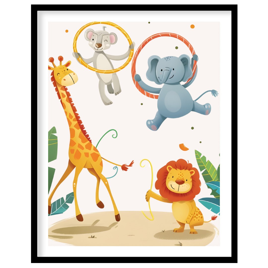 This cheerful watercolor illustration features four lovable jungle animals—a tall giraffe, playful … for place