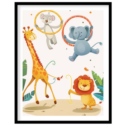 This cheerful watercolor illustration features four lovable jungle animals—a tall giraffe, playful … for place