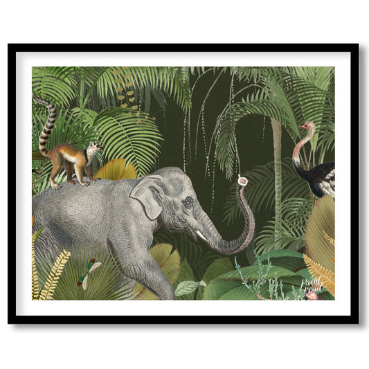 This vibrant and detailed illustration depicts a lively tropical jungle scene featuring an eclectic… for sweet home