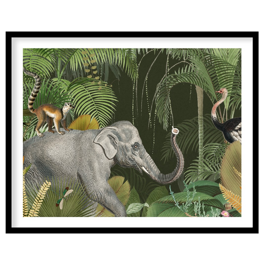 This vibrant and detailed illustration depicts a lively tropical jungle scene featuring an eclectic… for sweet home