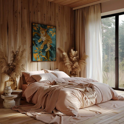 This digital illustration features a majestic leopard perched amidst stylized jungle foliage. The a… for bedroom