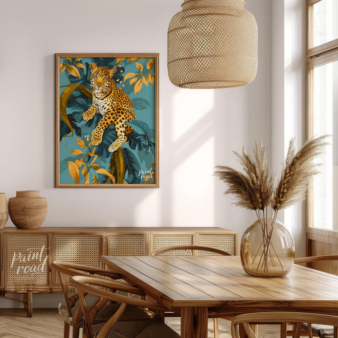 This digital illustration features a majestic leopard perched amidst stylized jungle foliage. The a… for dining room