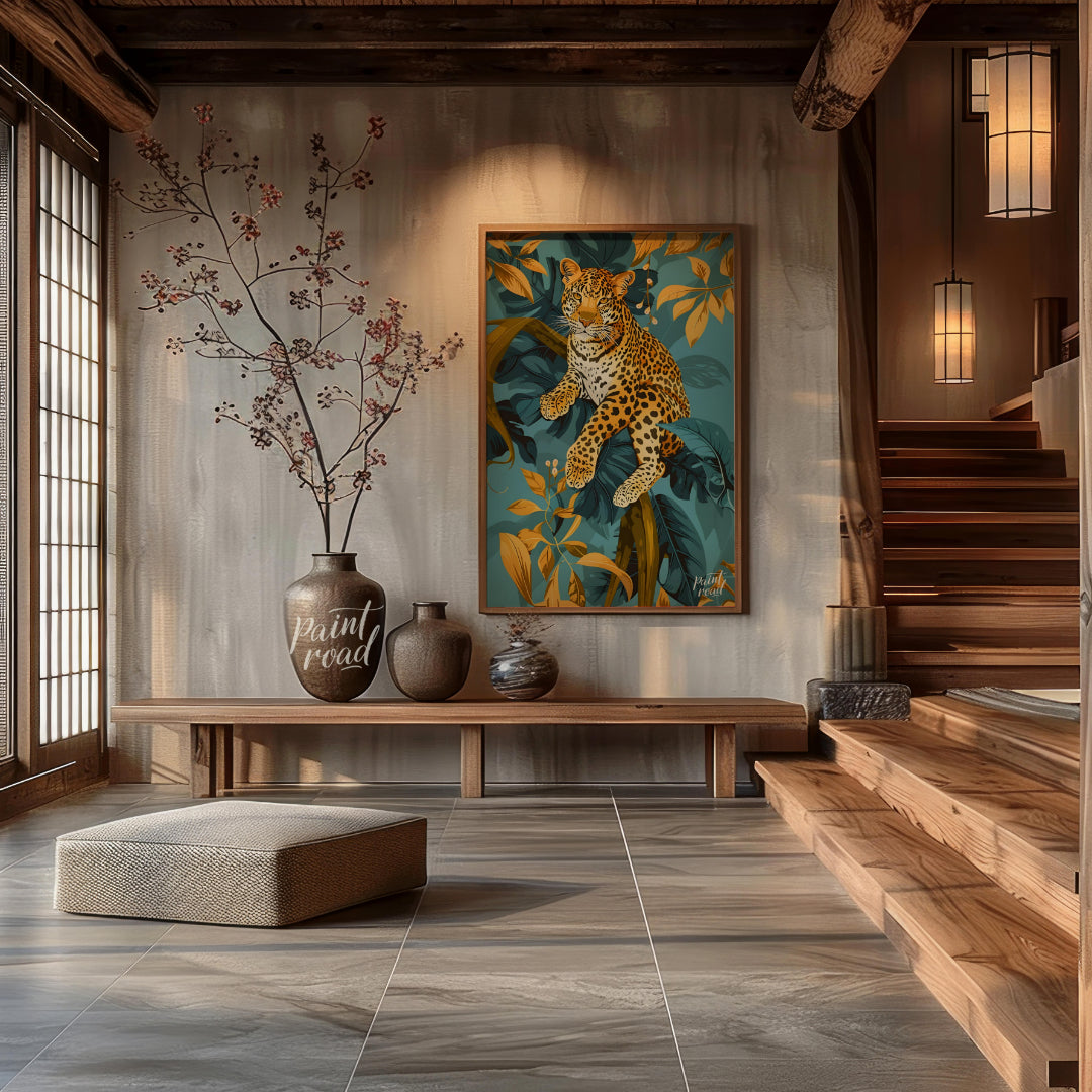 This digital illustration features a majestic leopard perched amidst stylized jungle foliage. The a… for entryway
