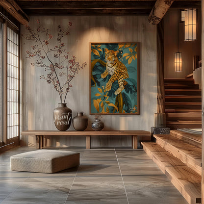 This digital illustration features a majestic leopard perched amidst stylized jungle foliage. The a… for entryway