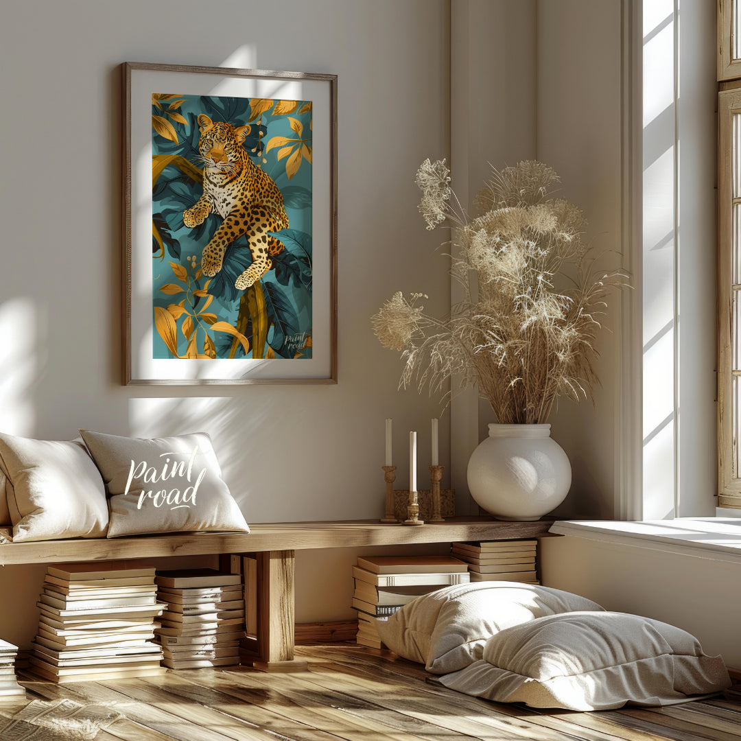 This digital illustration features a majestic leopard perched amidst stylized jungle foliage. The a… for living room