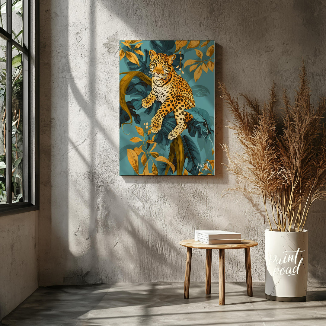 This digital illustration features a majestic leopard perched amidst stylized jungle foliage. The a… for living room