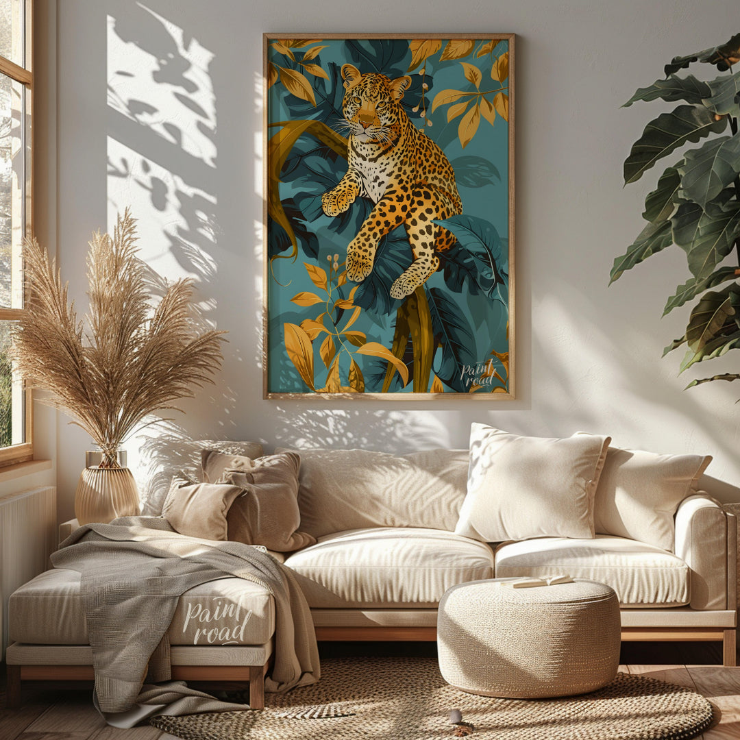 This digital illustration features a majestic leopard perched amidst stylized jungle foliage. The a… for living room