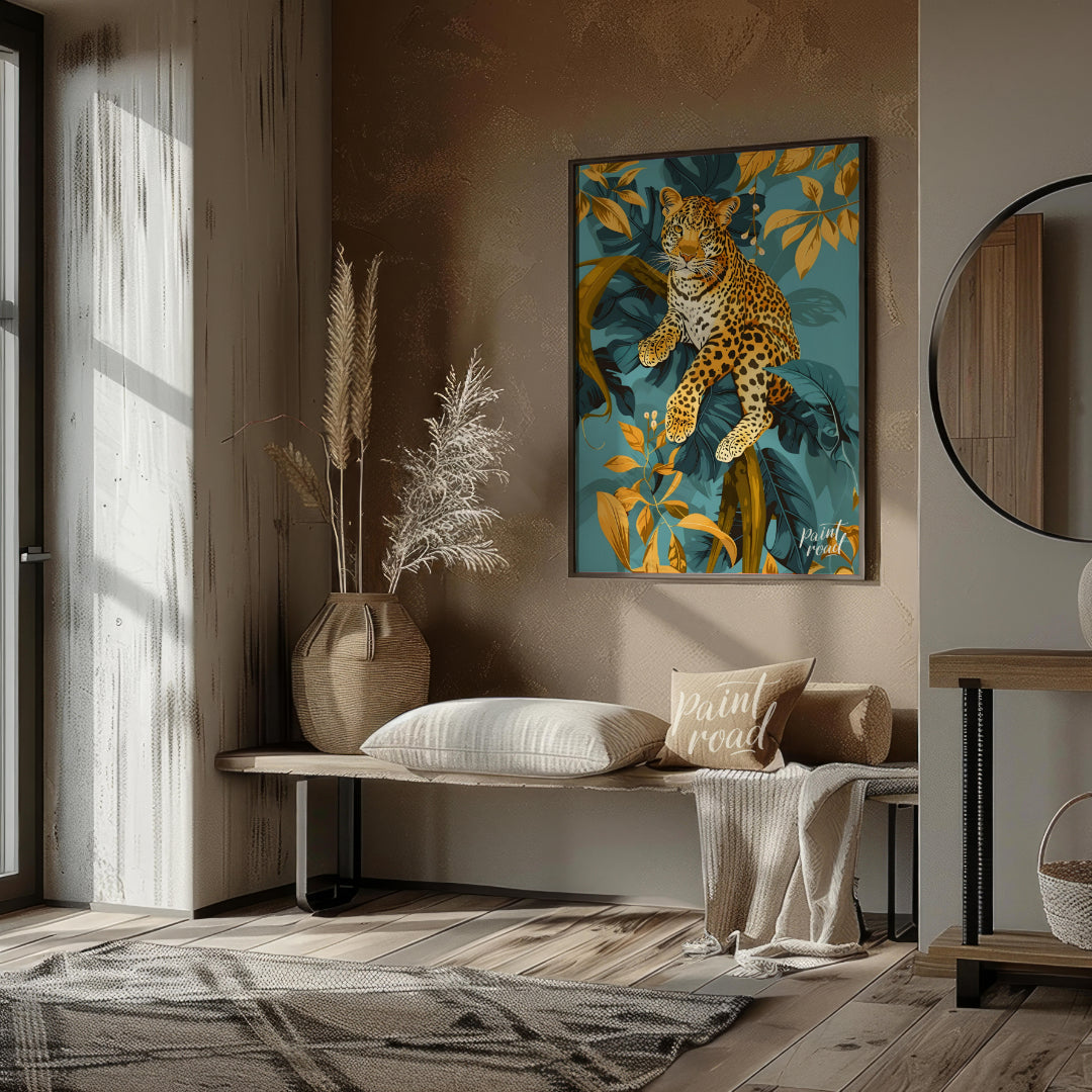 This digital illustration features a majestic leopard perched amidst stylized jungle foliage. The a… for living room