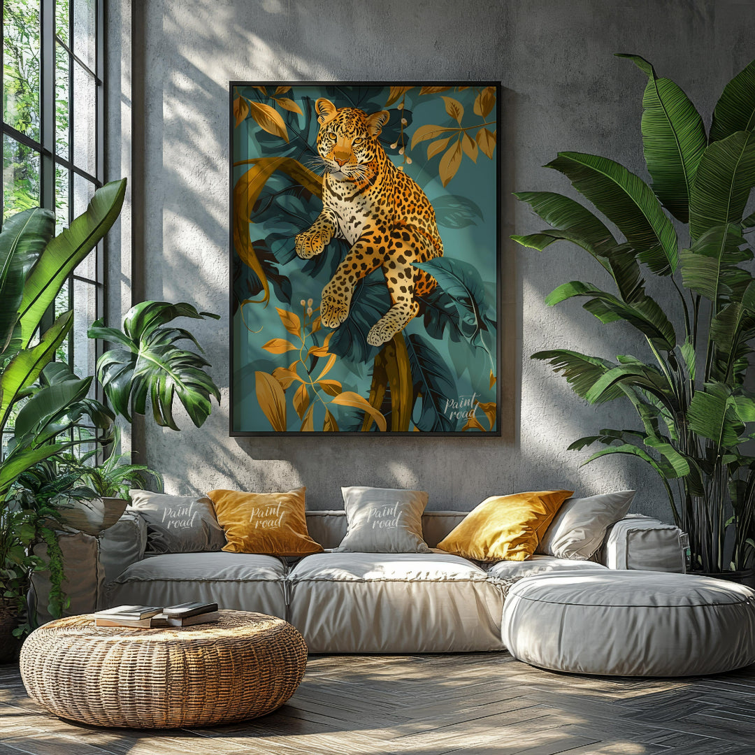 This digital illustration features a majestic leopard perched amidst stylized jungle foliage. The a… for living room