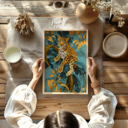 This digital illustration features a majestic leopard perched amidst stylized jungle foliage. The a… for other