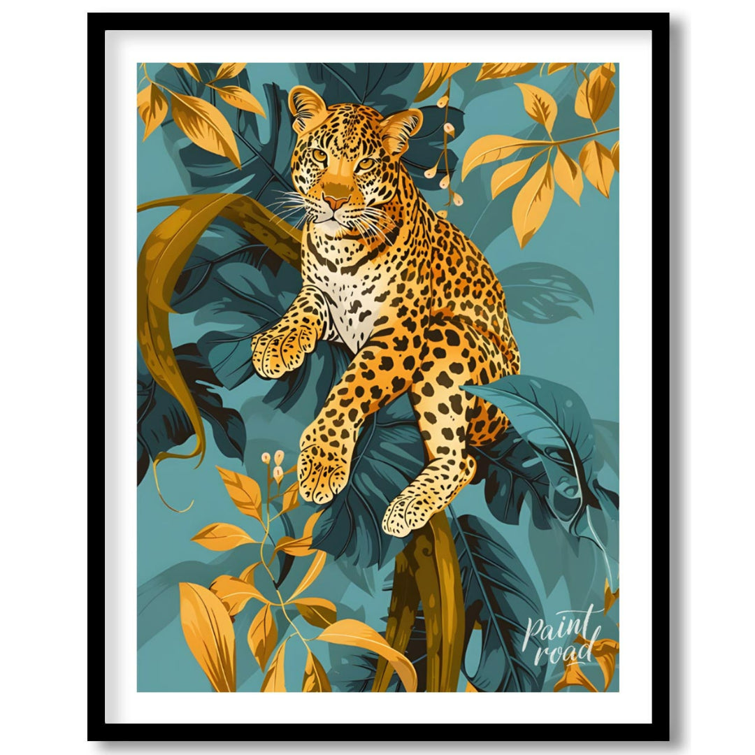 This digital illustration features a majestic leopard perched amidst stylized jungle foliage. The a… for place