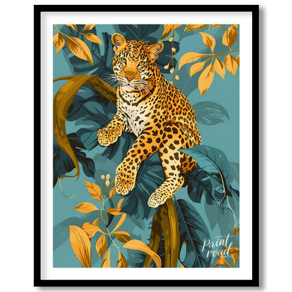 This digital illustration features a majestic leopard perched amidst stylized jungle foliage. The a… for place