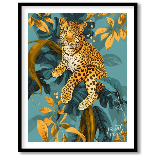 This digital illustration features a majestic leopard perched amidst stylized jungle foliage. The a… for place