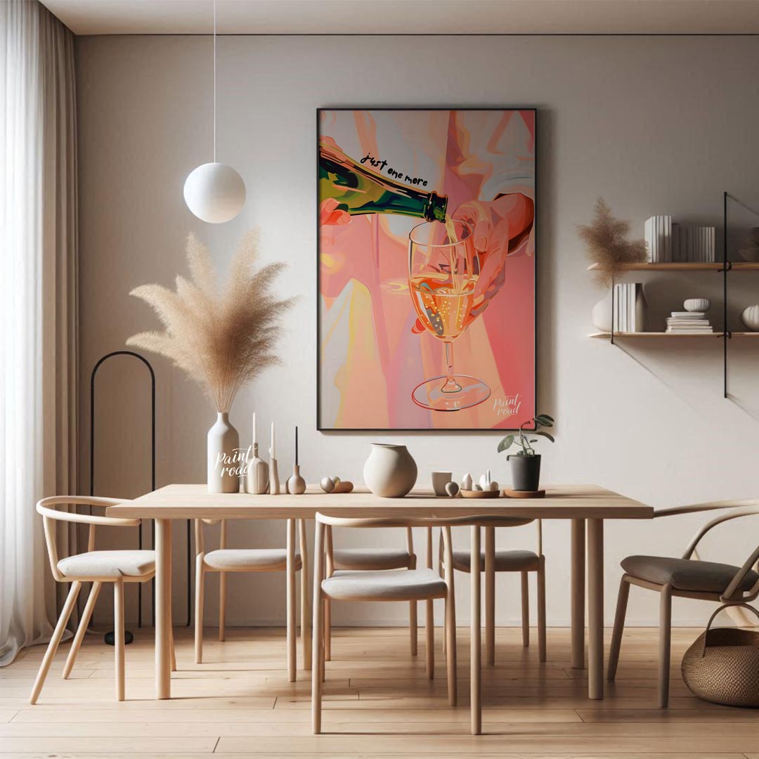 A vibrant and playful illustration capturing the moment of pouring a glass of sparkling wine. The a… for dining room