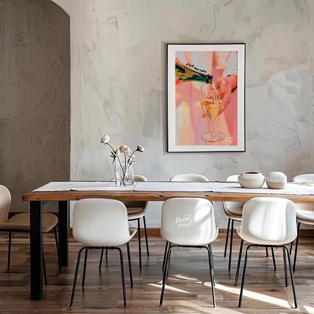 A vibrant and playful illustration capturing the moment of pouring a glass of sparkling wine. The a… for dining room