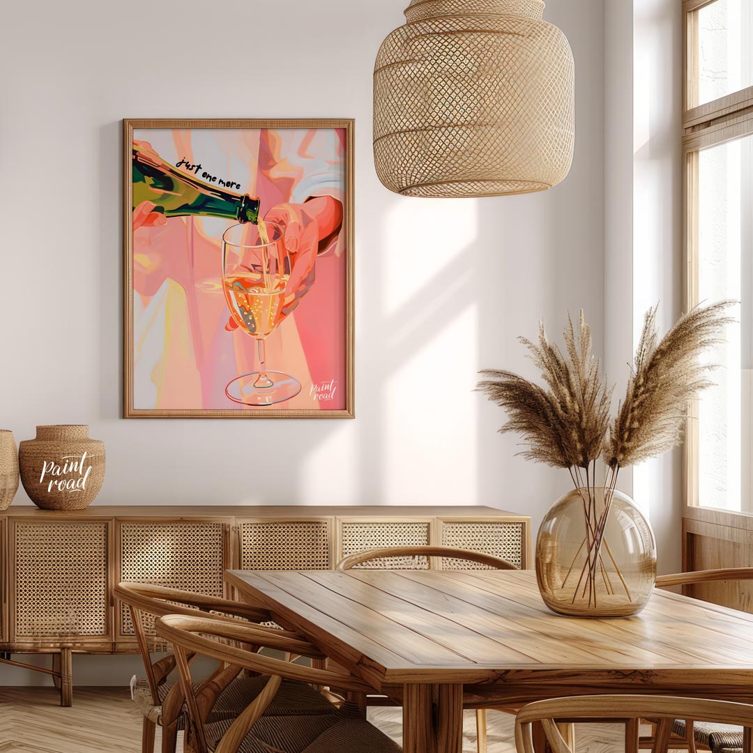 A vibrant and playful illustration capturing the moment of pouring a glass of sparkling wine. The a… for dining room
