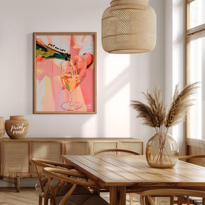 A vibrant and playful illustration capturing the moment of pouring a glass of sparkling wine. The a… for dining room