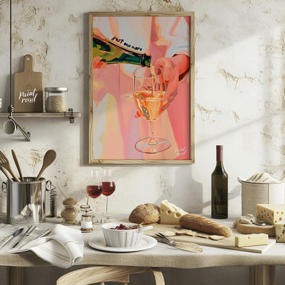 A vibrant and playful illustration capturing the moment of pouring a glass of sparkling wine. The a… for kitchen
