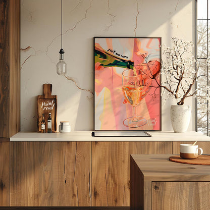 A vibrant and playful illustration capturing the moment of pouring a glass of sparkling wine. The a… for kitchen