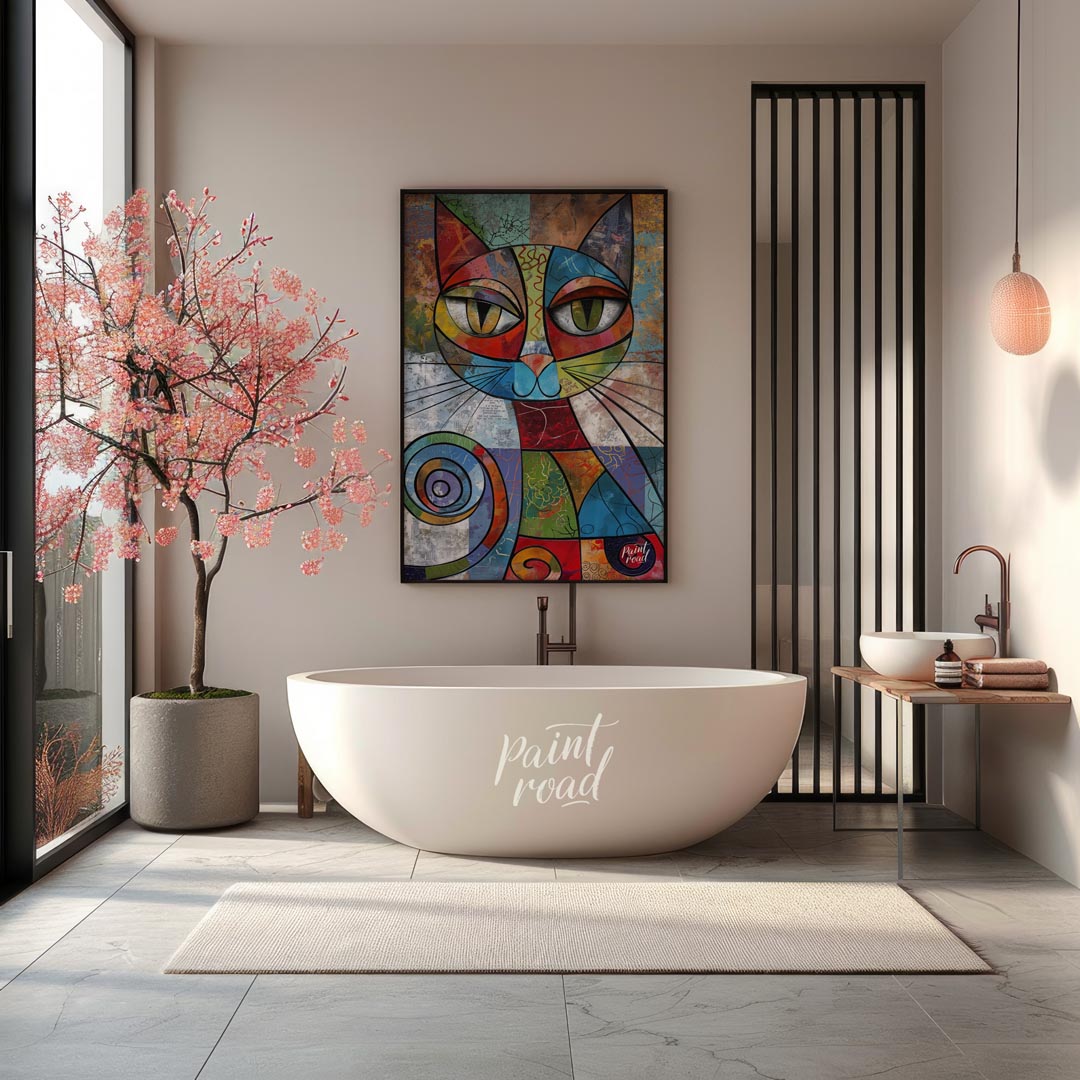 This vibrant and highly abstract painting features a stylized cat rendered with a kaleidoscope of b… for bathroom