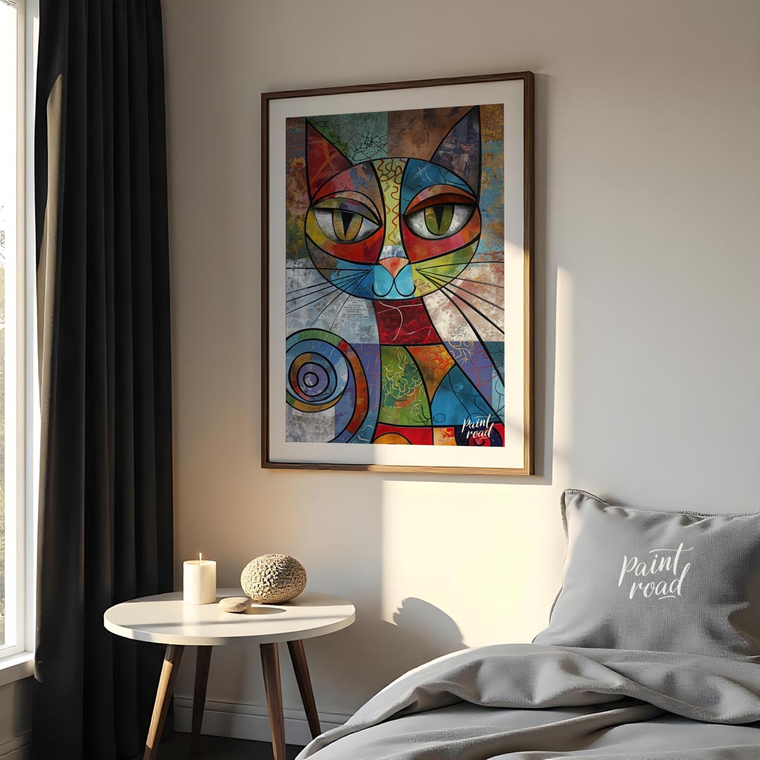 This vibrant and highly abstract painting features a stylized cat rendered with a kaleidoscope of b… for bedroom