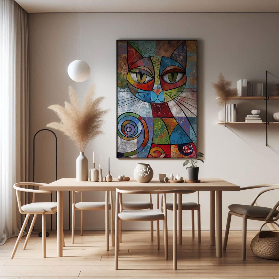 This vibrant and highly abstract painting features a stylized cat rendered with a kaleidoscope of b… for dining room