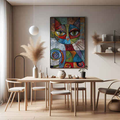 This vibrant and highly abstract painting features a stylized cat rendered with a kaleidoscope of b… for dining room