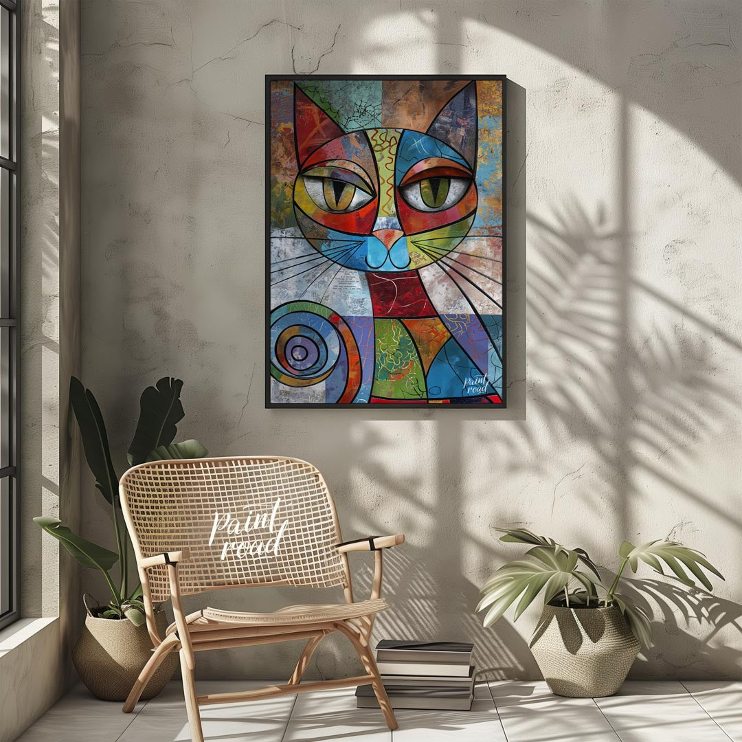 This vibrant and highly abstract painting features a stylized cat rendered with a kaleidoscope of b… for living room