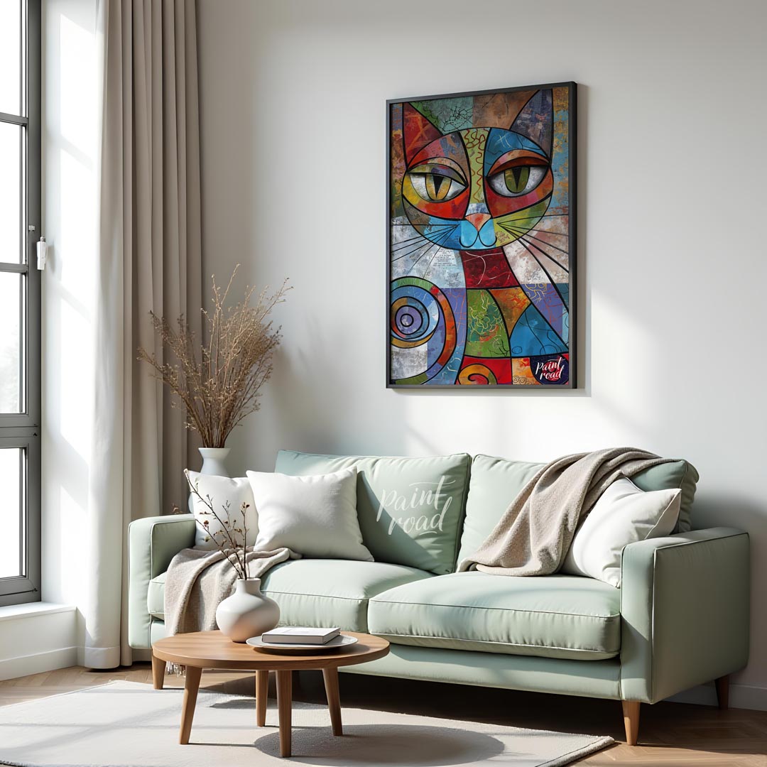 This vibrant and highly abstract painting features a stylized cat rendered with a kaleidoscope of b… for living room