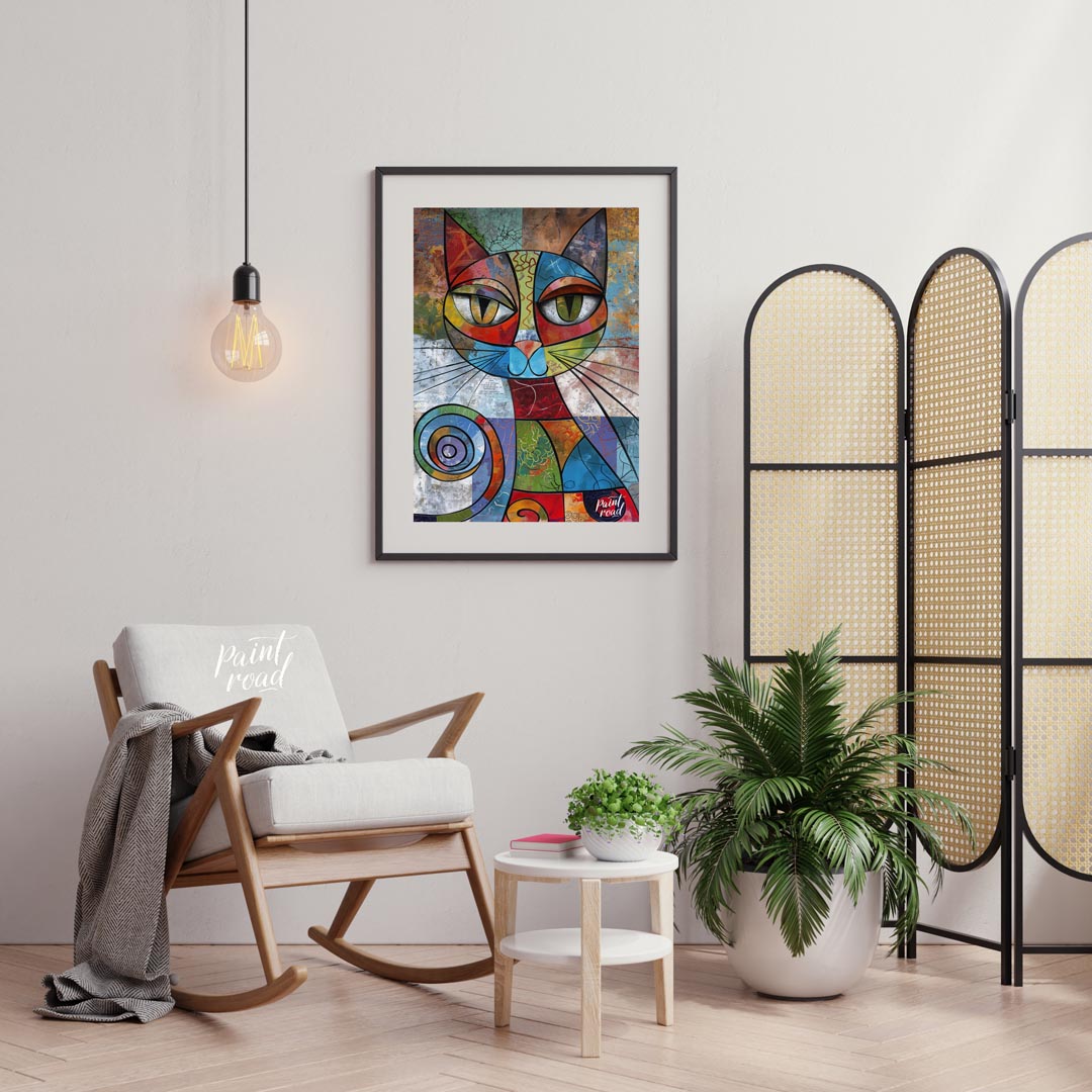 This vibrant and highly abstract painting features a stylized cat rendered with a kaleidoscope of b… for living room