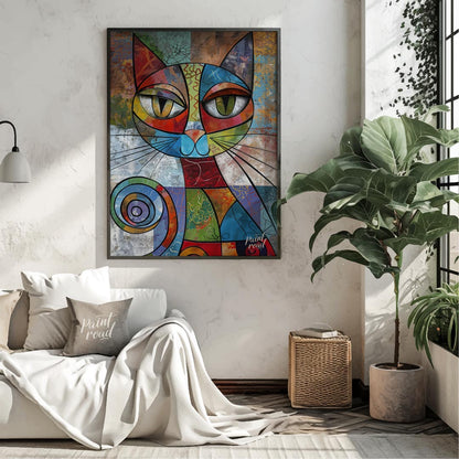 This vibrant and highly abstract painting features a stylized cat rendered with a kaleidoscope of b… for living room