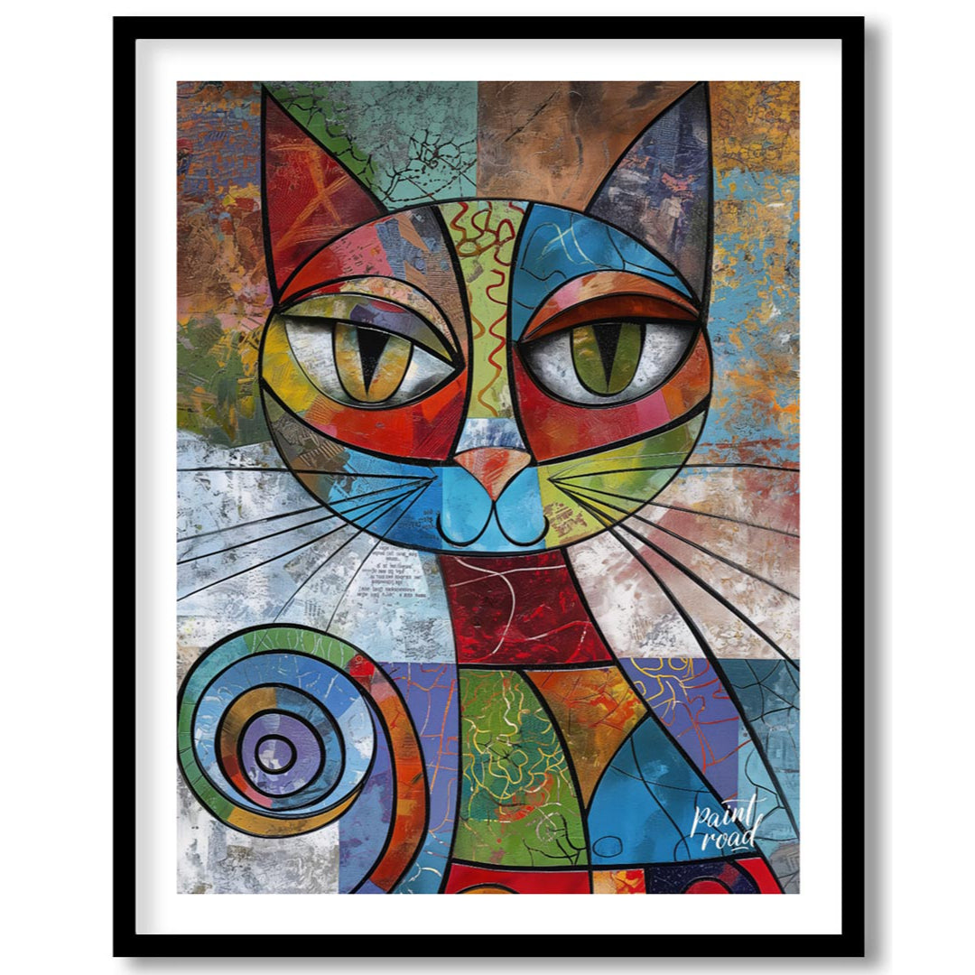 This vibrant and highly abstract painting features a stylized cat rendered with a kaleidoscope of b… for lovely house