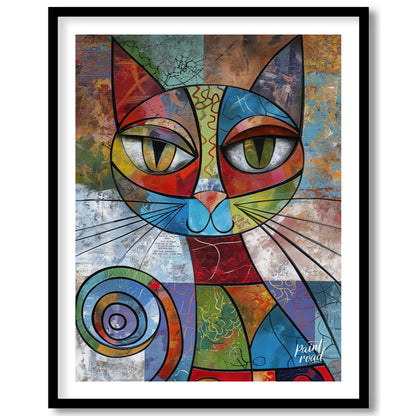 This vibrant and highly abstract painting features a stylized cat rendered with a kaleidoscope of b… for lovely house