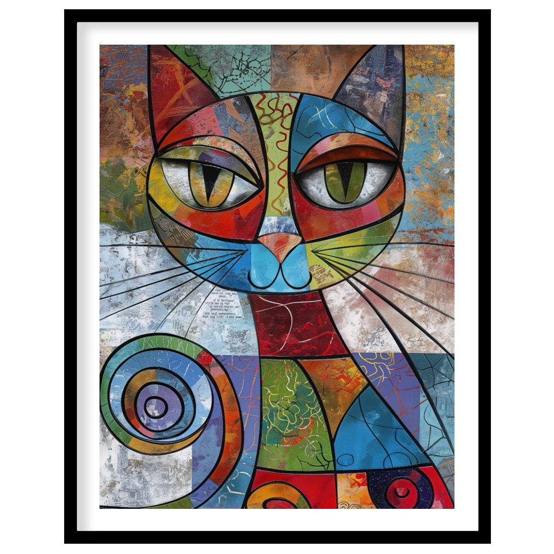 This vibrant and highly abstract painting features a stylized cat rendered with a kaleidoscope of b… for lovely house