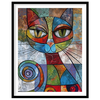 This vibrant and highly abstract painting features a stylized cat rendered with a kaleidoscope of b… for lovely house
