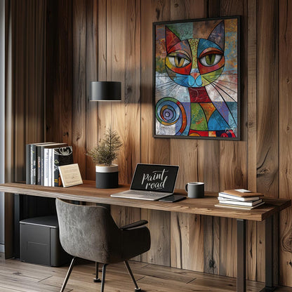 This vibrant and highly abstract painting features a stylized cat rendered with a kaleidoscope of b… for office