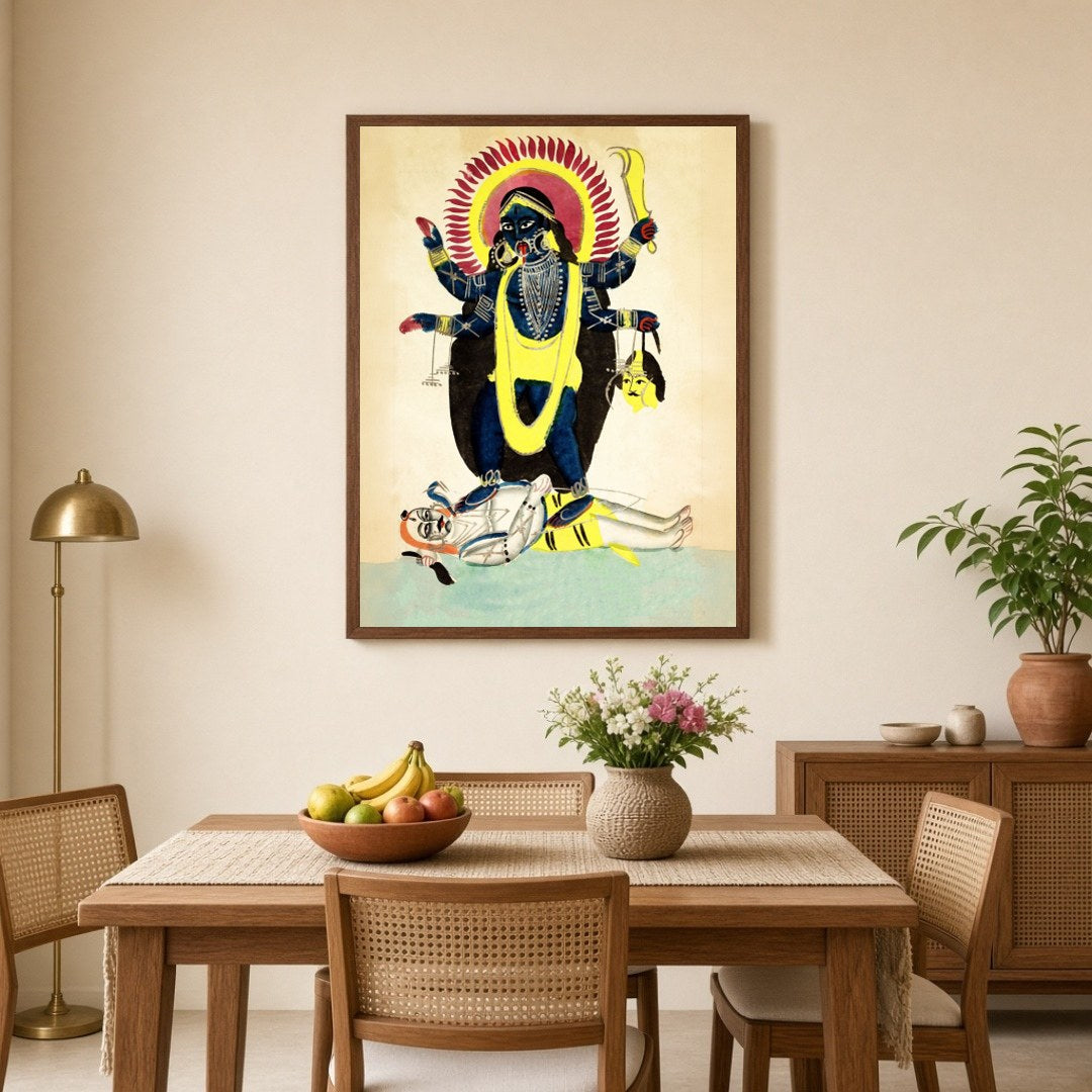 Immerse yourself in the mystique of Indian folklore with this striking Kalighat art piece depicting for Dining