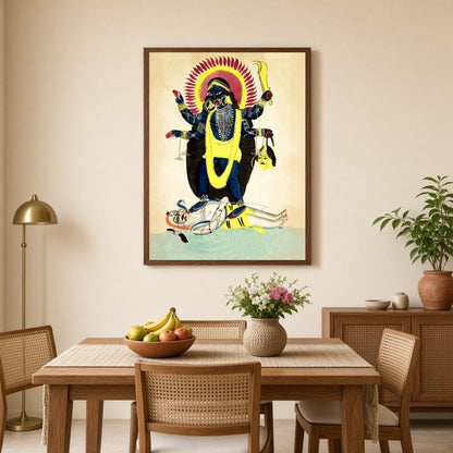 Immerse yourself in the mystique of Indian folklore with this striking Kalighat art piece depicting for Dining