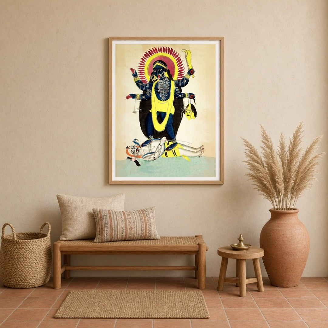 Immerse yourself in the mystique of Indian folklore with this striking Kalighat art piece depicting for Entrance