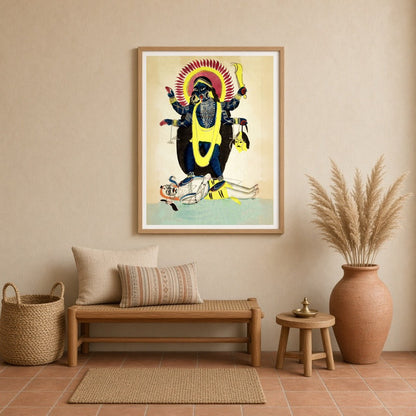 Immerse yourself in the mystique of Indian folklore with this striking Kalighat art piece depicting for Entrance