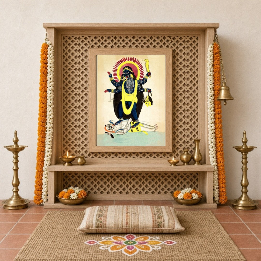 Immerse yourself in the mystique of Indian folklore with this striking Kalighat art piece depicting for Home Temple