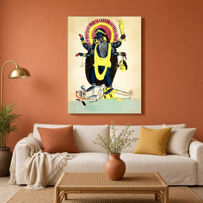 Immerse yourself in the mystique of Indian folklore with this striking Kalighat art piece depicting for Living Room