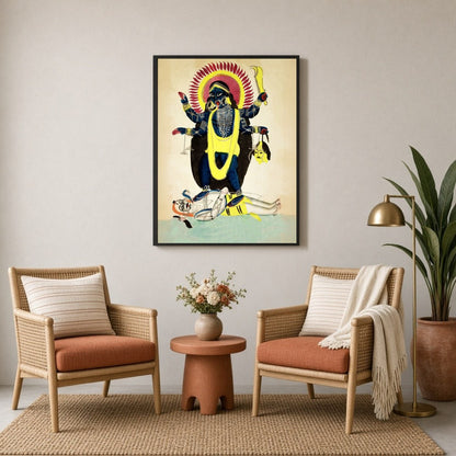 Immerse yourself in the mystique of Indian folklore with this striking Kalighat art piece depicting for Sitting Lounge