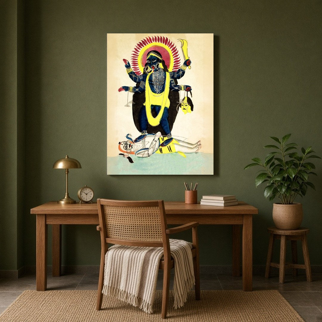 Immerse yourself in the mystique of Indian folklore with this striking Kalighat art piece depicting for Study